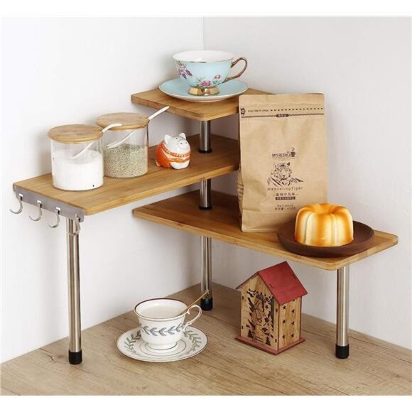 3 Tier Corner Shelf Bamboo & Metal Storage Spice Rack-Desk Bookshelf Display - Picture 3 of 5